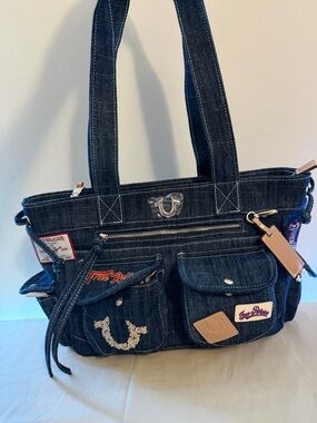 True Religion Dark Denim Tote with Patch Details